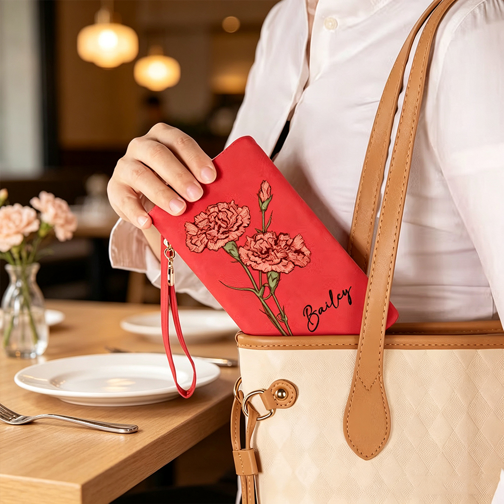 Custom Birth Flower Wallet for Women, Personalized Tri-Fold PU Leather Wristlet Purse with Name and Card Holder Floral Birthday Gift