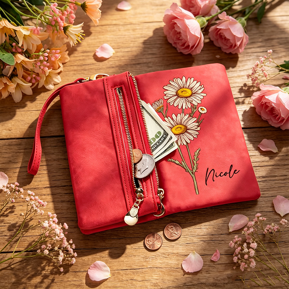 Custom Birth Flower Wallet for Women, Personalized Tri-Fold PU Leather Wristlet Purse with Name and Card Holder Floral Birthday Gift
