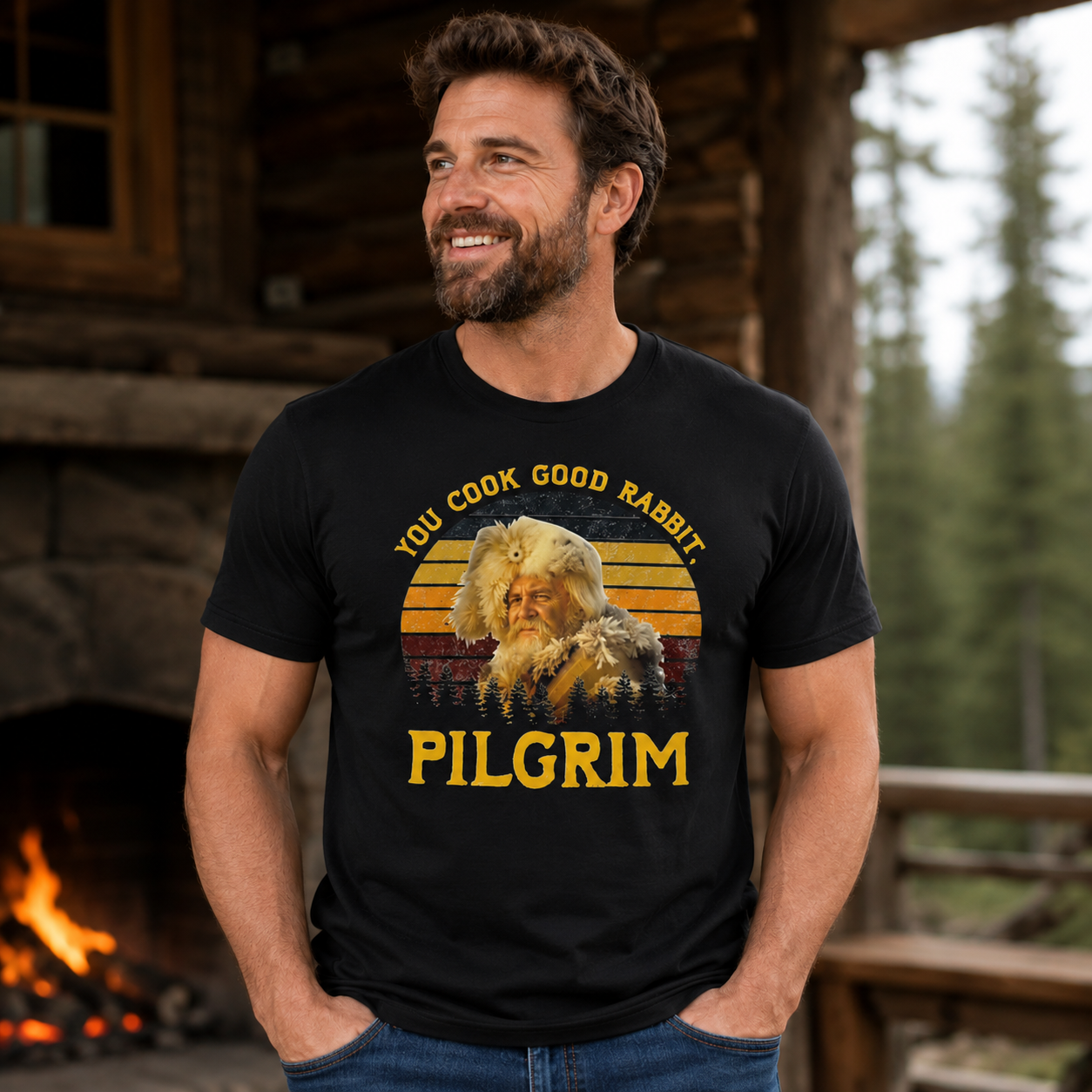 Rustic Outdoor “Pilgrim” Graphic Tee – Vintage Western Campfire Style T-Shirt
