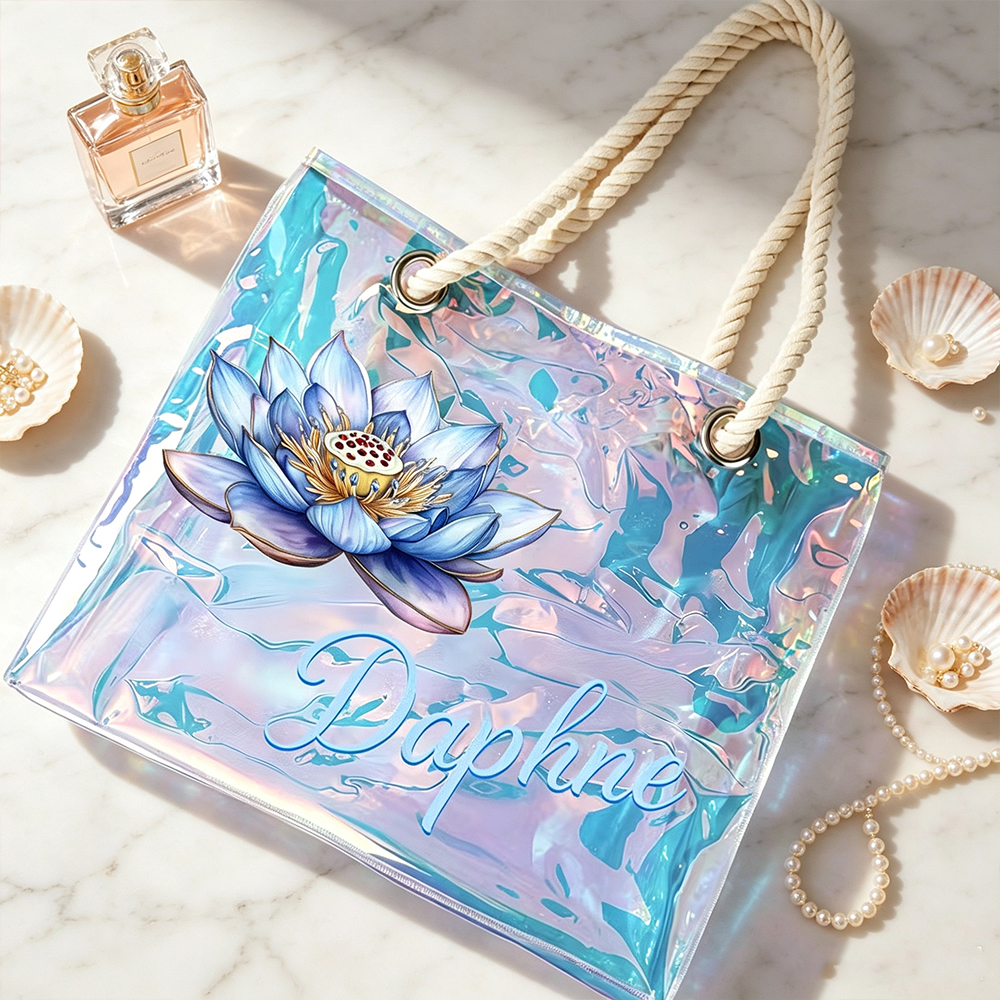 Personalized Birth Flower Clear Neon Tote Bag with Name Customization, Floral Beach Bag Summer Vacation Gift for Women
