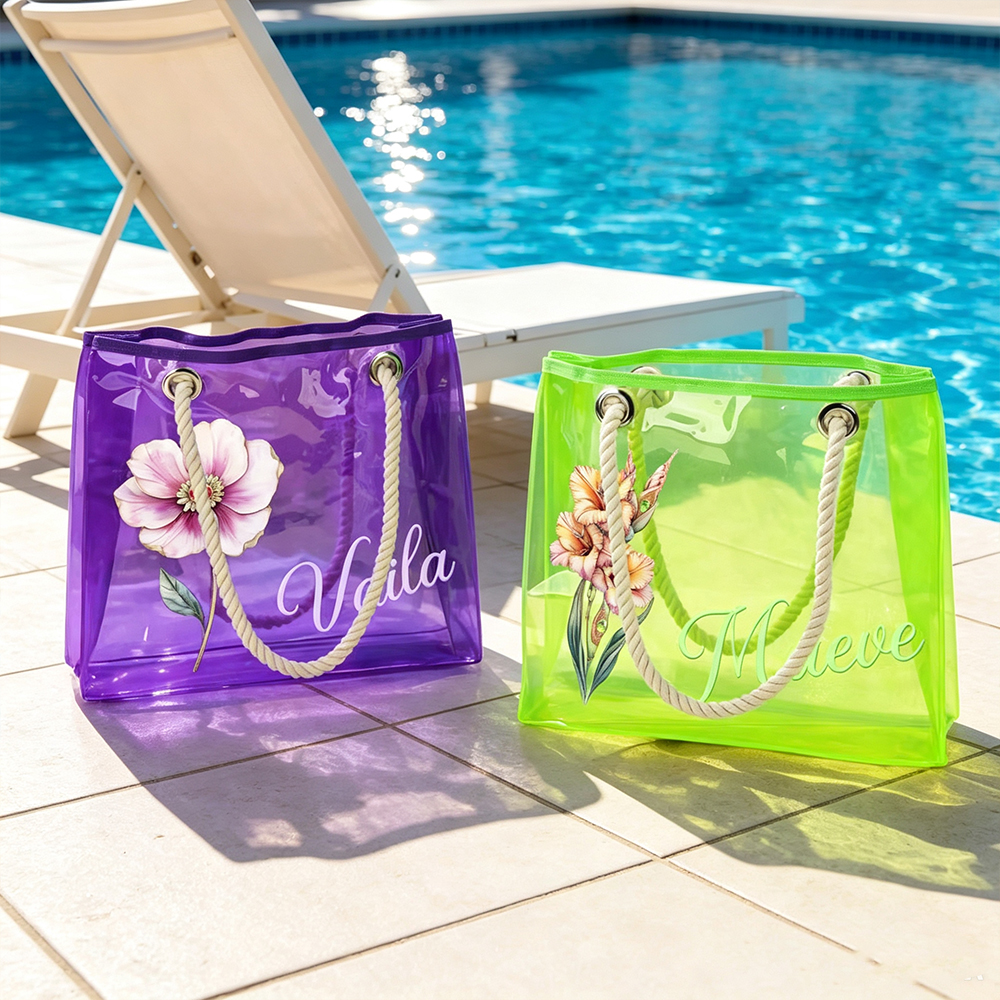 Personalized Birth Flower Clear Neon Tote Bag with Name Customization, Floral Beach Bag Summer Vacation Gift for Women