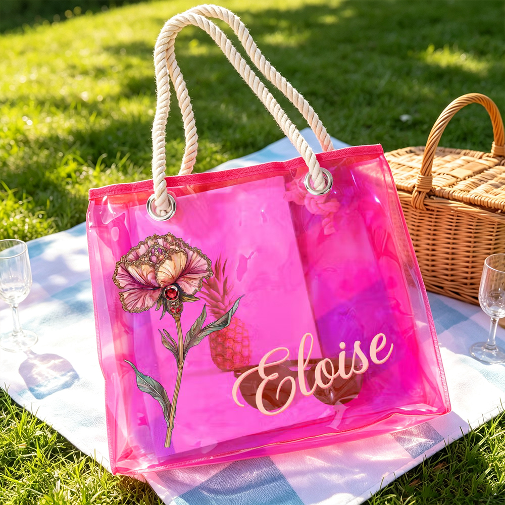 Personalized Birth Flower Clear Neon Tote Bag with Name Customization, Floral Beach Bag Summer Vacation Gift for Women