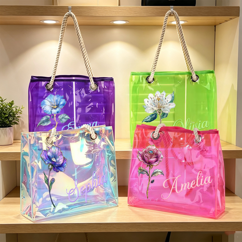 Personalized Birth Flower Clear Neon Tote Bag with Name Customization, Floral Beach Bag Summer Vacation Gift for Women