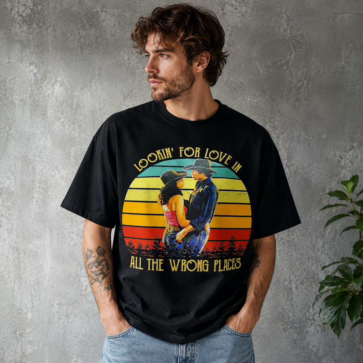 Retro Western Cowboy Romance Graphic Tee – Vintage “Lookin’ for Love in All the Wrong Places” Sunset Shirt