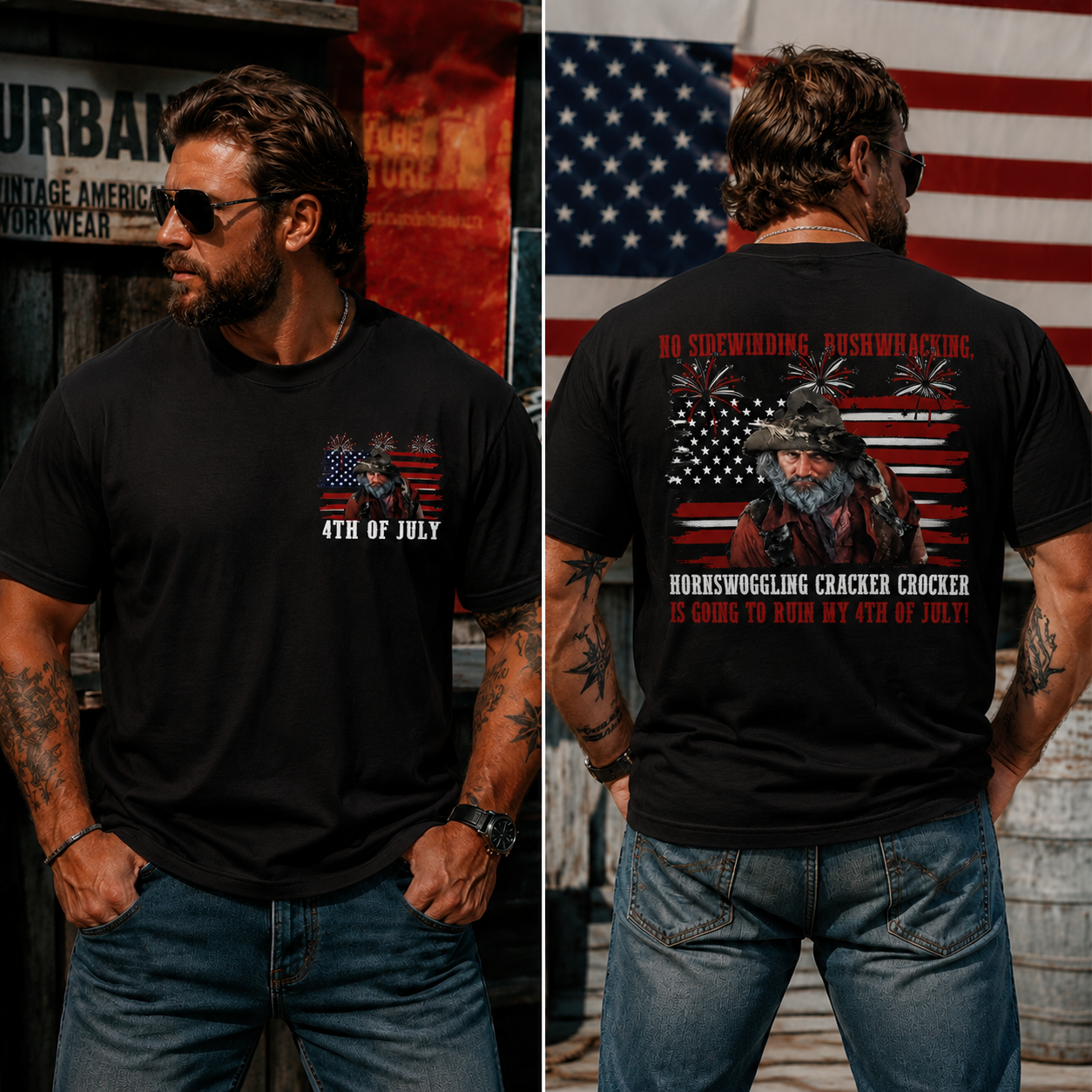Vintage American Flag 4th of July Graphic Tee – Western Cowboy Humor Patriotic Streetwear T-Shirt