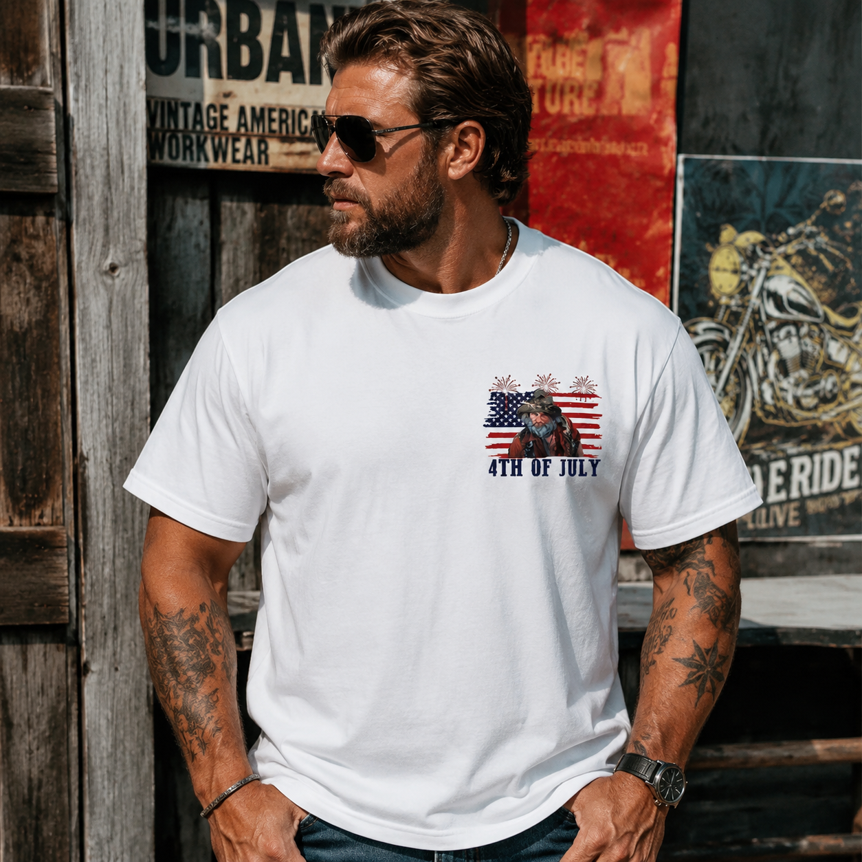 Vintage American Flag 4th of July Graphic Tee – Western Cowboy Humor Patriotic Streetwear T-Shirt