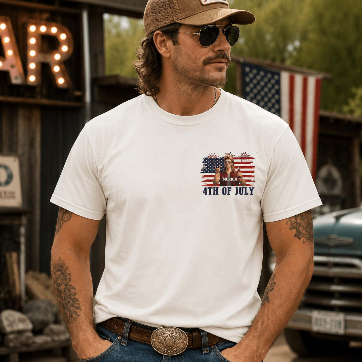Men’s “Merica 4th of July” Western Patriotic Graphic T-Shirt – Vintage USA Flag Cowboy Style Tee