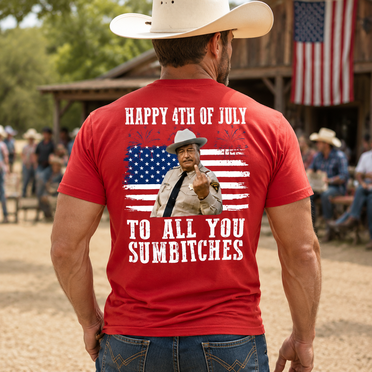 Funny 4th of July Patriotic Cowboy Graphic Tee – “Happy 4th of July” USA Flag Fireworks Shirt