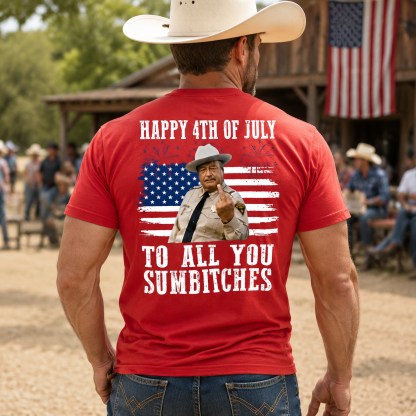 Funny 4th of July Patriotic Cowboy Graphic Tee – “Happy 4th of July” USA Flag Fireworks Shirt