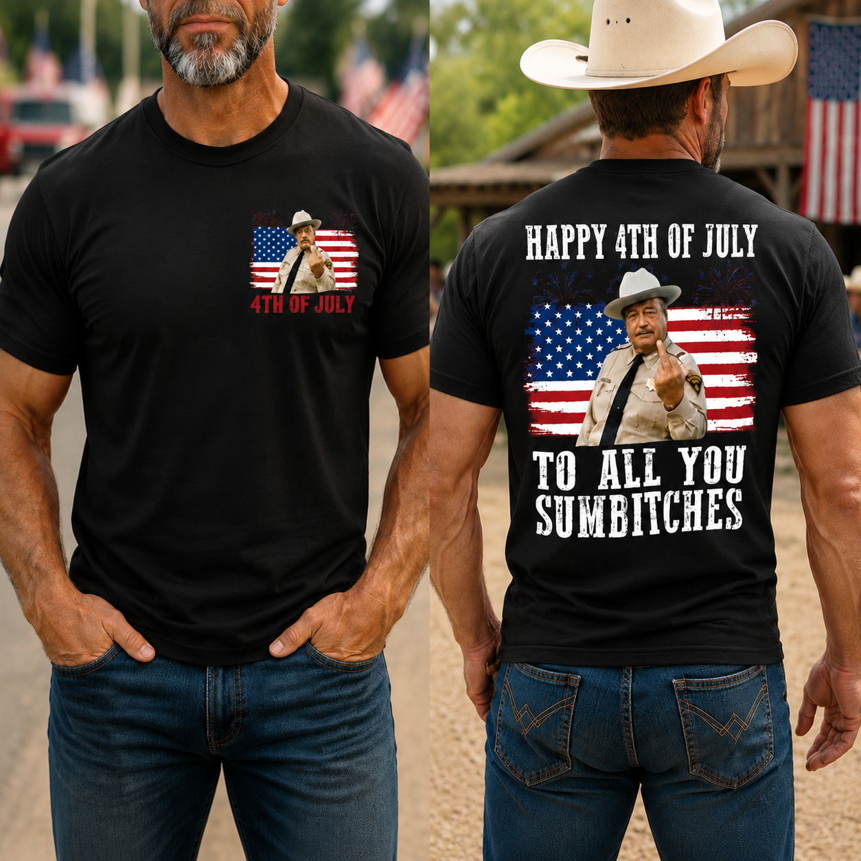 Funny 4th of July Patriotic Cowboy Graphic Tee – “Happy 4th of July” USA Flag Fireworks Shirt