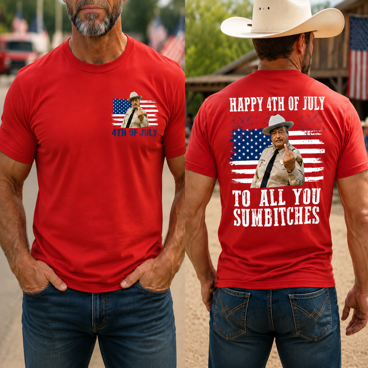 Funny 4th of July Patriotic Cowboy Graphic Tee – “Happy 4th of July” USA Flag Fireworks Shirt