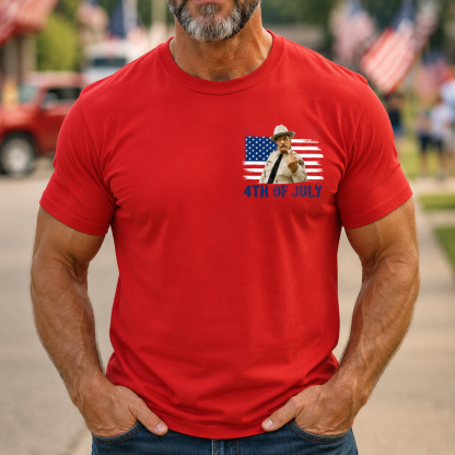 Funny 4th of July Patriotic Cowboy Graphic Tee – “Happy 4th of July” USA Flag Fireworks Shirt