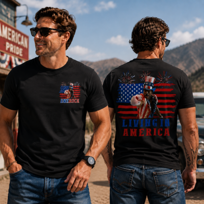 Living in America Patriotic Graphic Tee – USA Flag Fireworks Streetwear T-Shirt