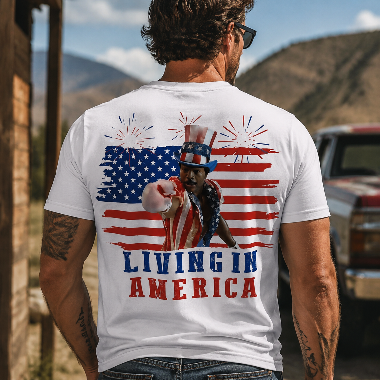 Living in America Patriotic Graphic Tee – USA Flag Fireworks Streetwear T-Shirt