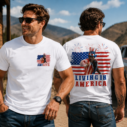 Living in America Patriotic Graphic Tee – USA Flag Fireworks Streetwear T-Shirt