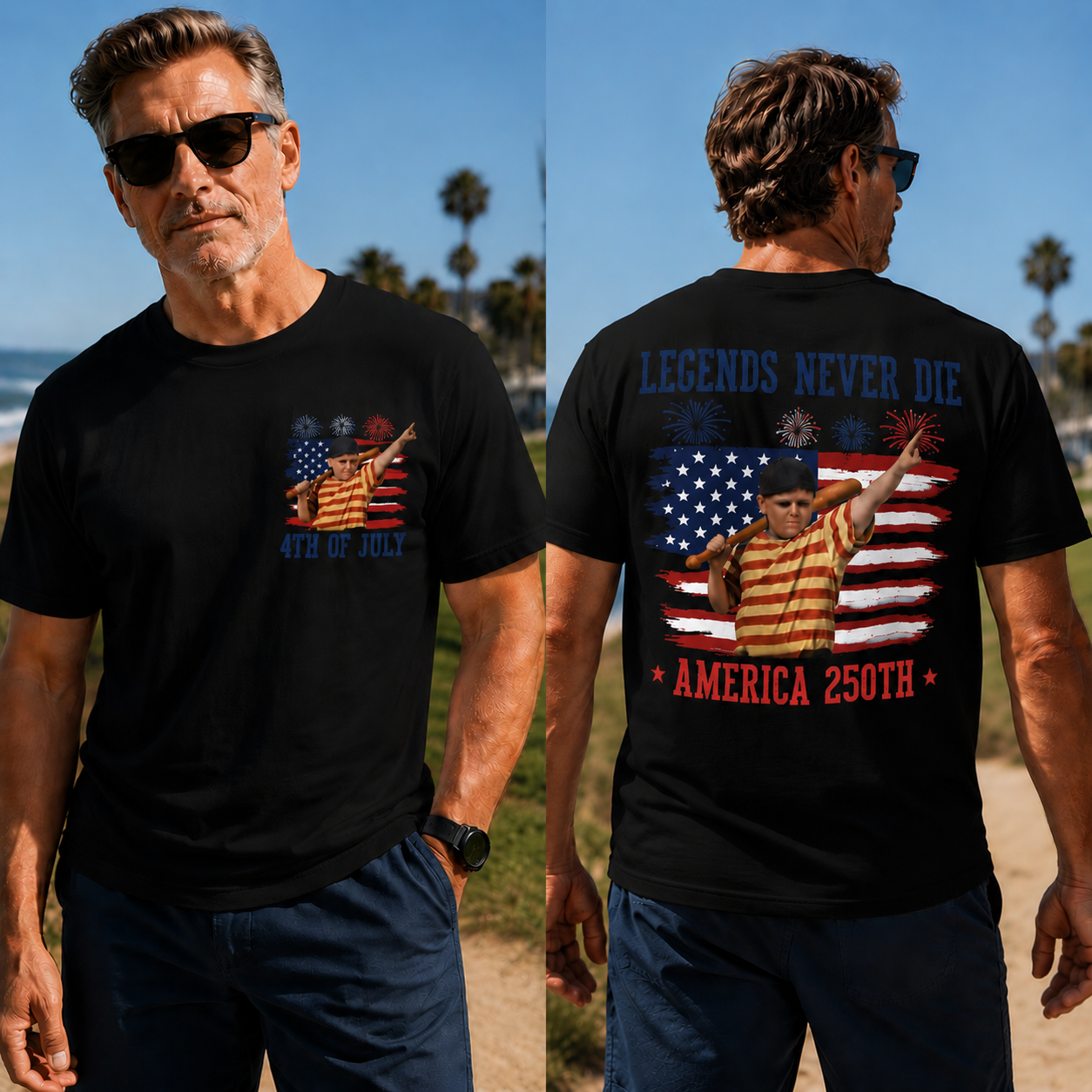 Legends Never Die – 4th of July & America 250th Patriotic Double-Sided Graphic T-Shirt
