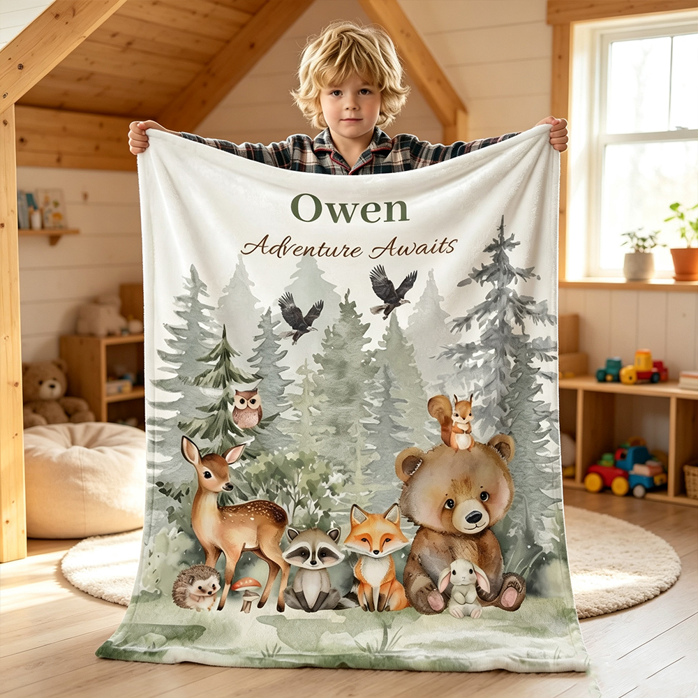 Personalized Woodland Animals Throw Blanket with Name & Text Watercolor Forest Blanket for Kids Cozy Baby Nursery Decor Birthday Gift