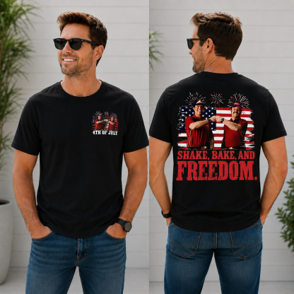 Shake, Bake, and Freedom 4th of July Patriotic Couple Graphic T-Shirt