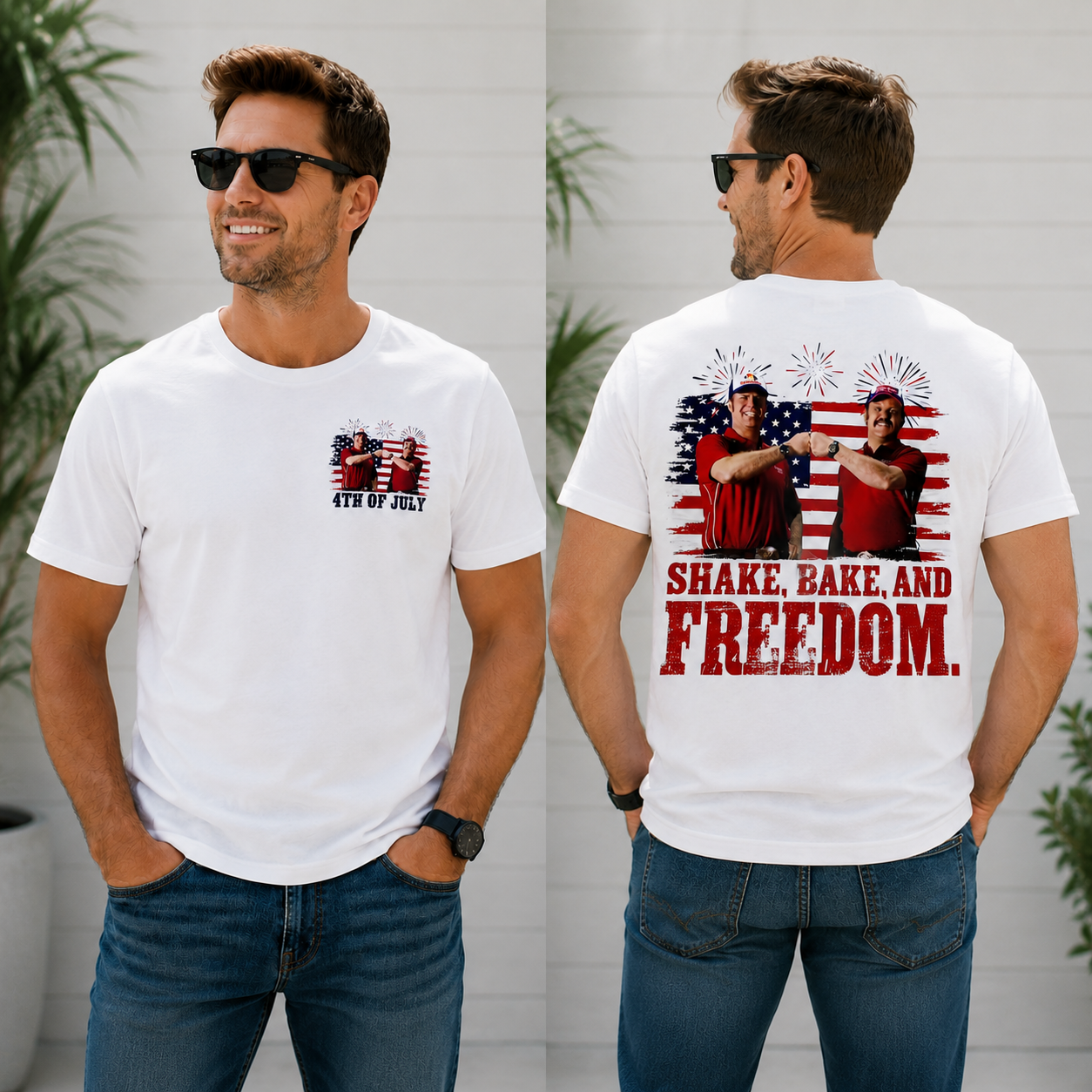 Shake, Bake, and Freedom 4th of July Patriotic Couple Graphic T-Shirt
