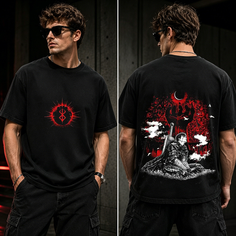 Dark Swordsman Eclipse Graphic T-Shirt – Gothic Fantasy Warrior Anime Tee