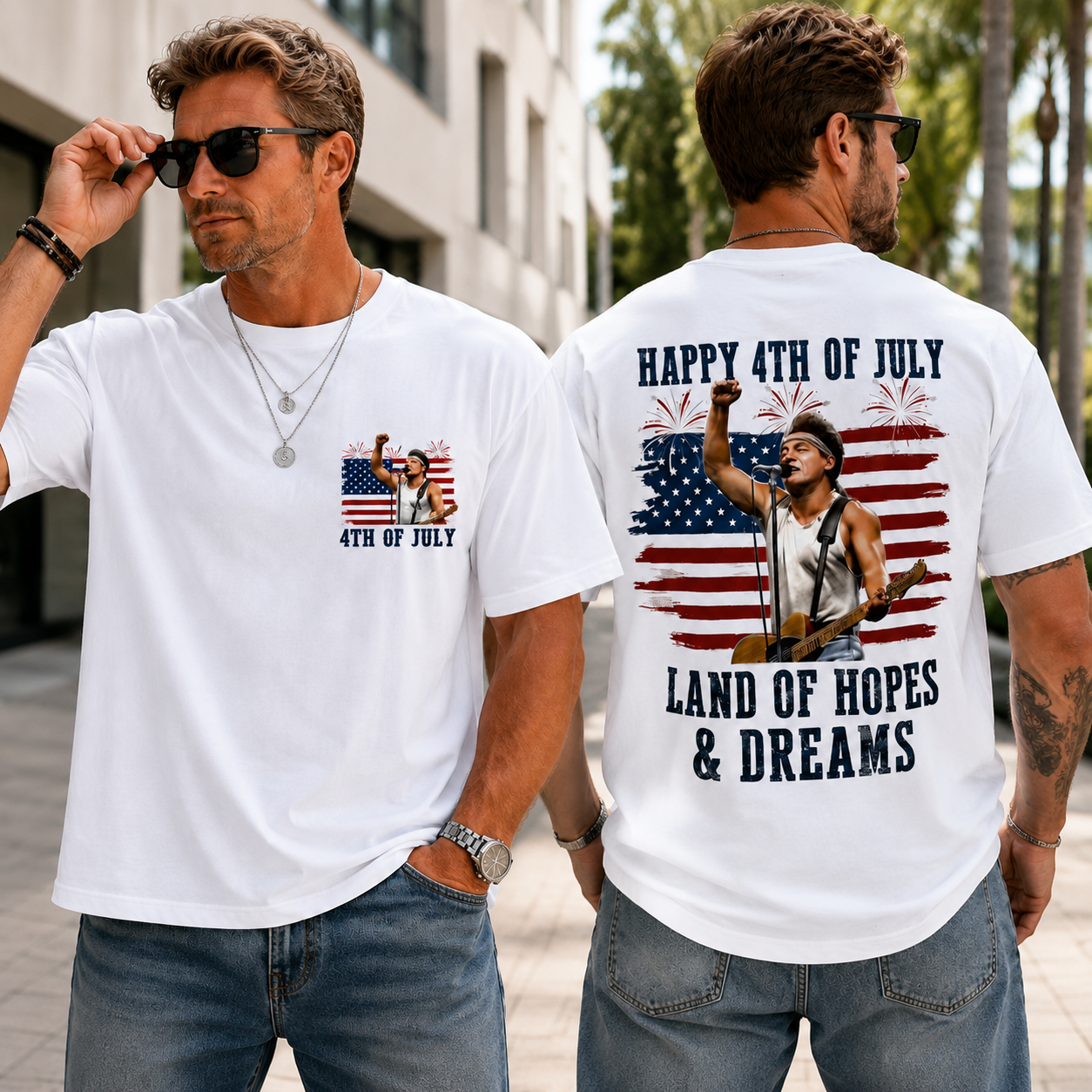 4th of July “Land of Hopes & Dreams” Patriotic Graphic T-Shirt – American Flag Fireworks Rock Music Tee