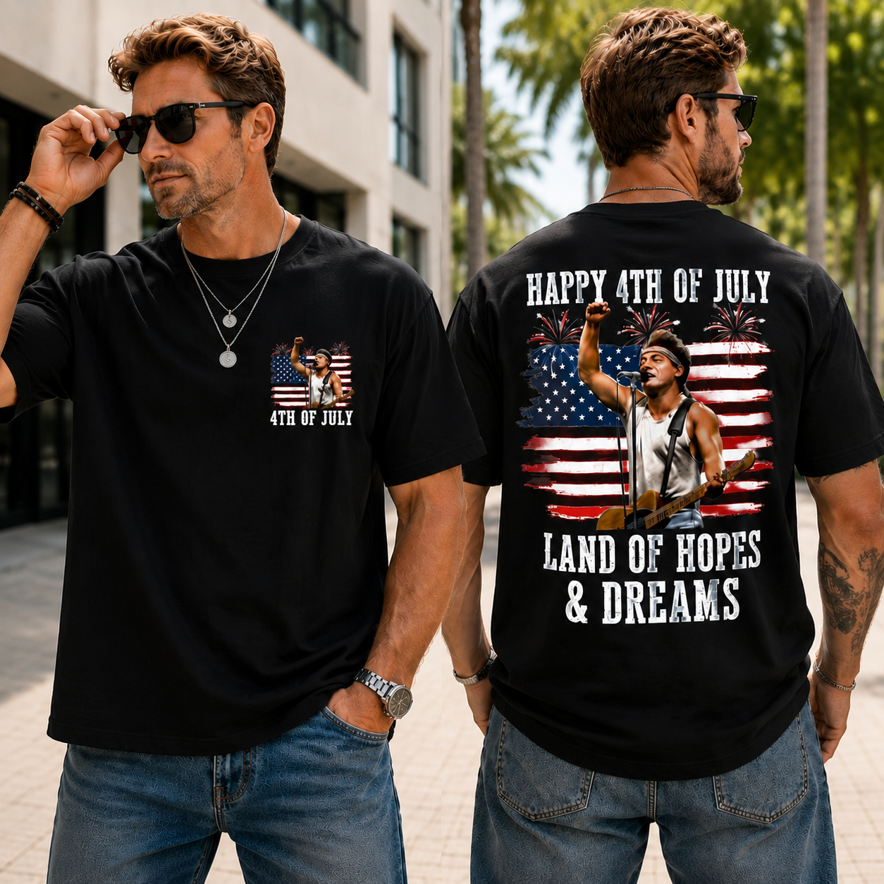 4th of July “Land of Hopes & Dreams” Patriotic Graphic T-Shirt – American Flag Fireworks Rock Music Tee