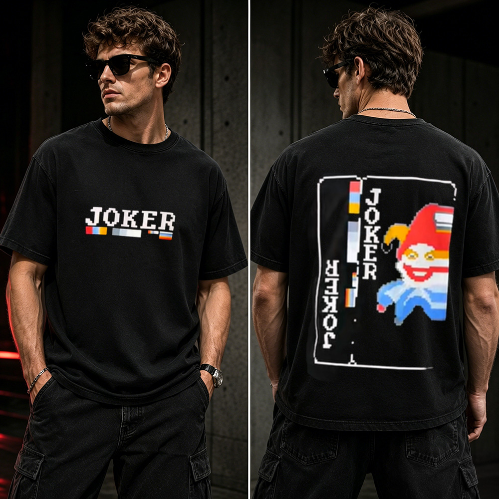 Retro Joker Playing Card Pixel Graphic T-Shirt – Vintage Arcade Gaming Tee
