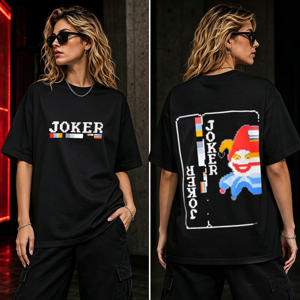 Retro Joker Playing Card Pixel Graphic T-Shirt – Vintage Arcade Gaming Tee