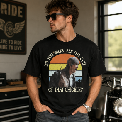 Retro Meme Graphic Tee – “Did You Guys See The Size Of That Chicken?” Vintage Sunset Print Shirt
