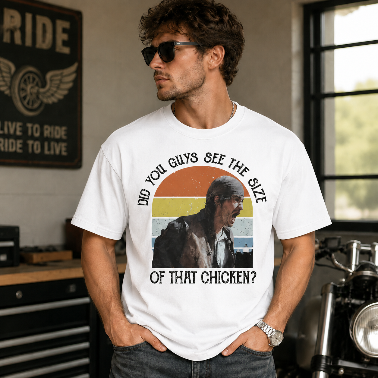 Retro Meme Graphic Tee – “Did You Guys See The Size Of That Chicken?” Vintage Sunset Print Shirt