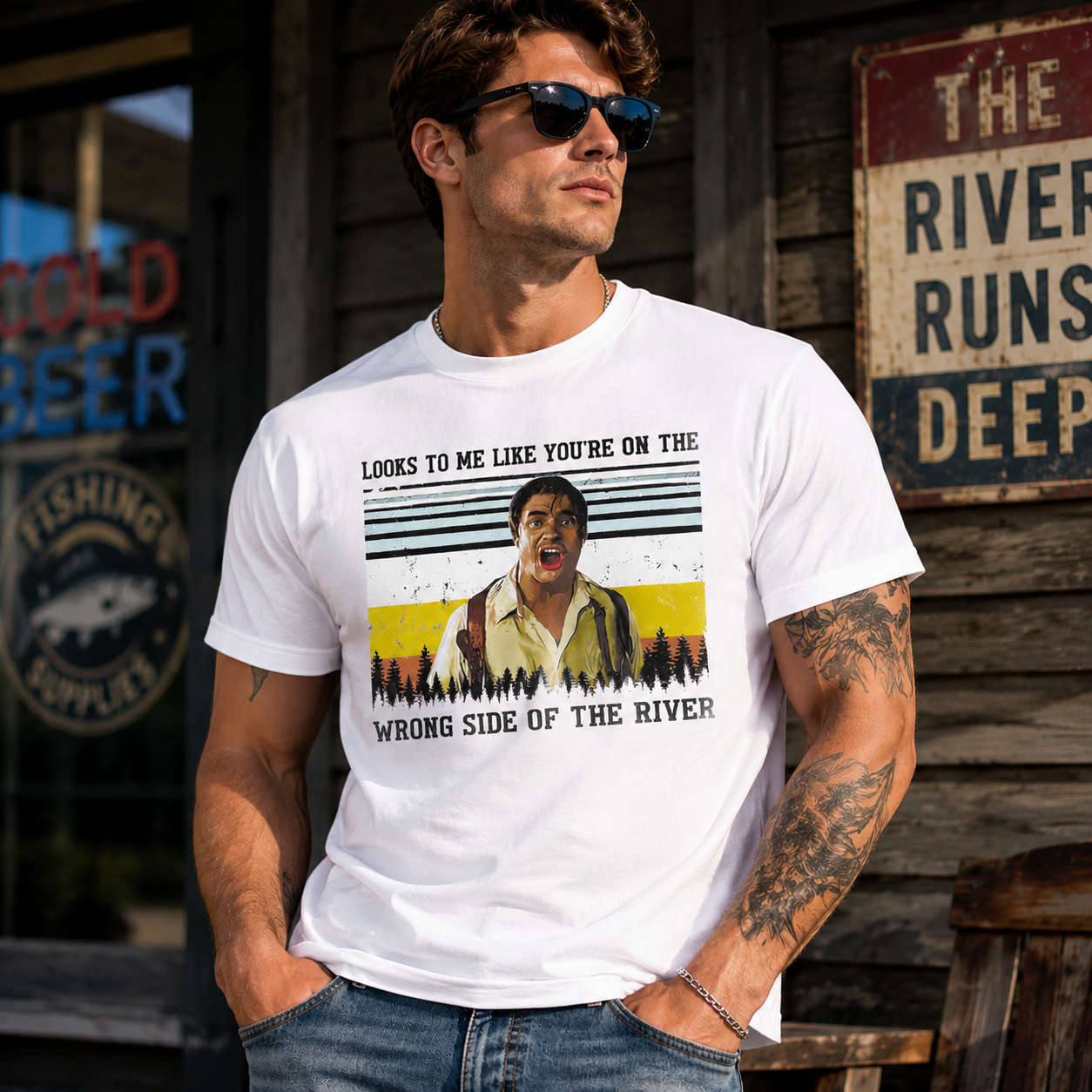 Wrong Side of the River Vintage Graphic Tee – Retro Cinematic Outdoor Quote Shirt