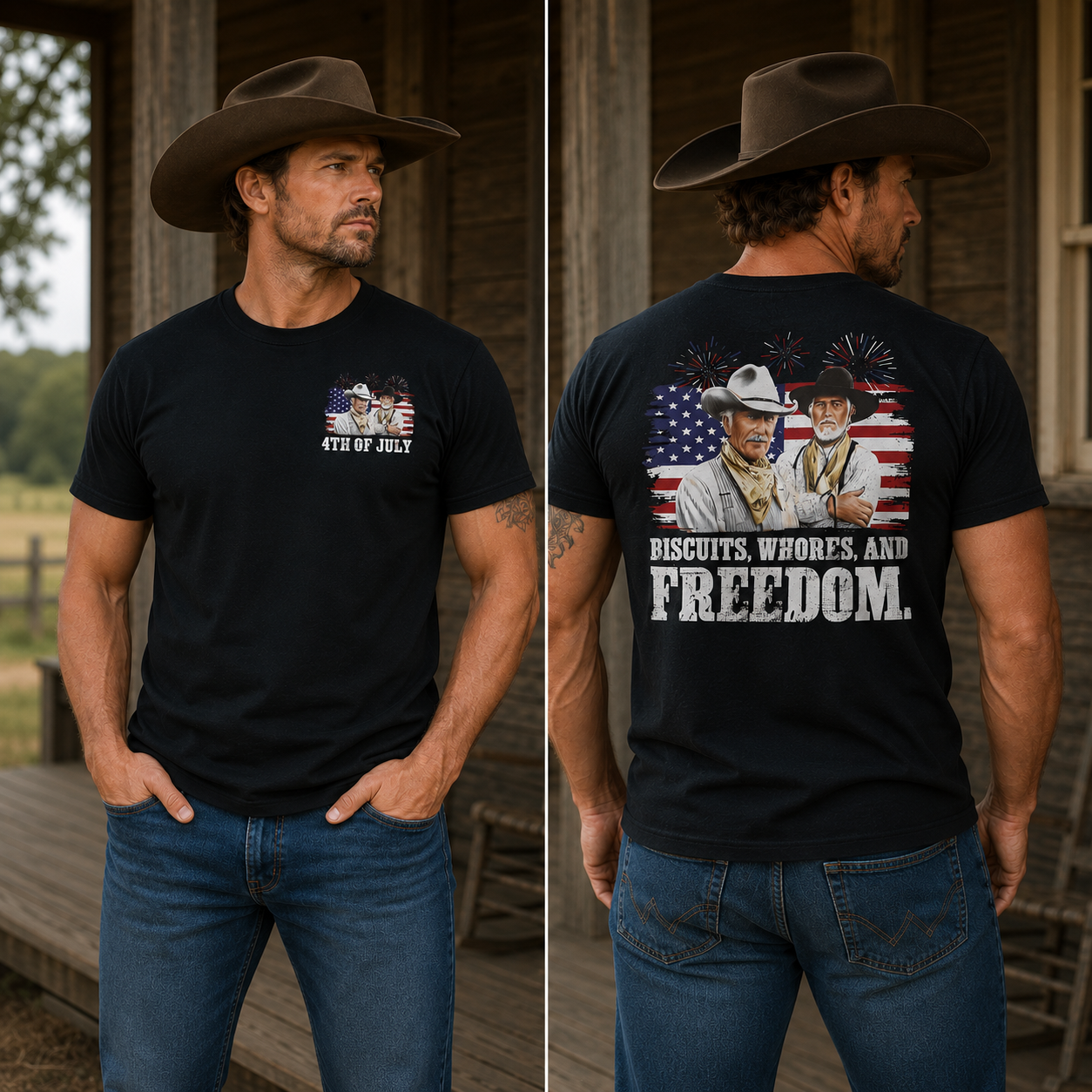 Biscuits, Whores, and Freedom American Patriotic Cowboy Graphic T-Shirt