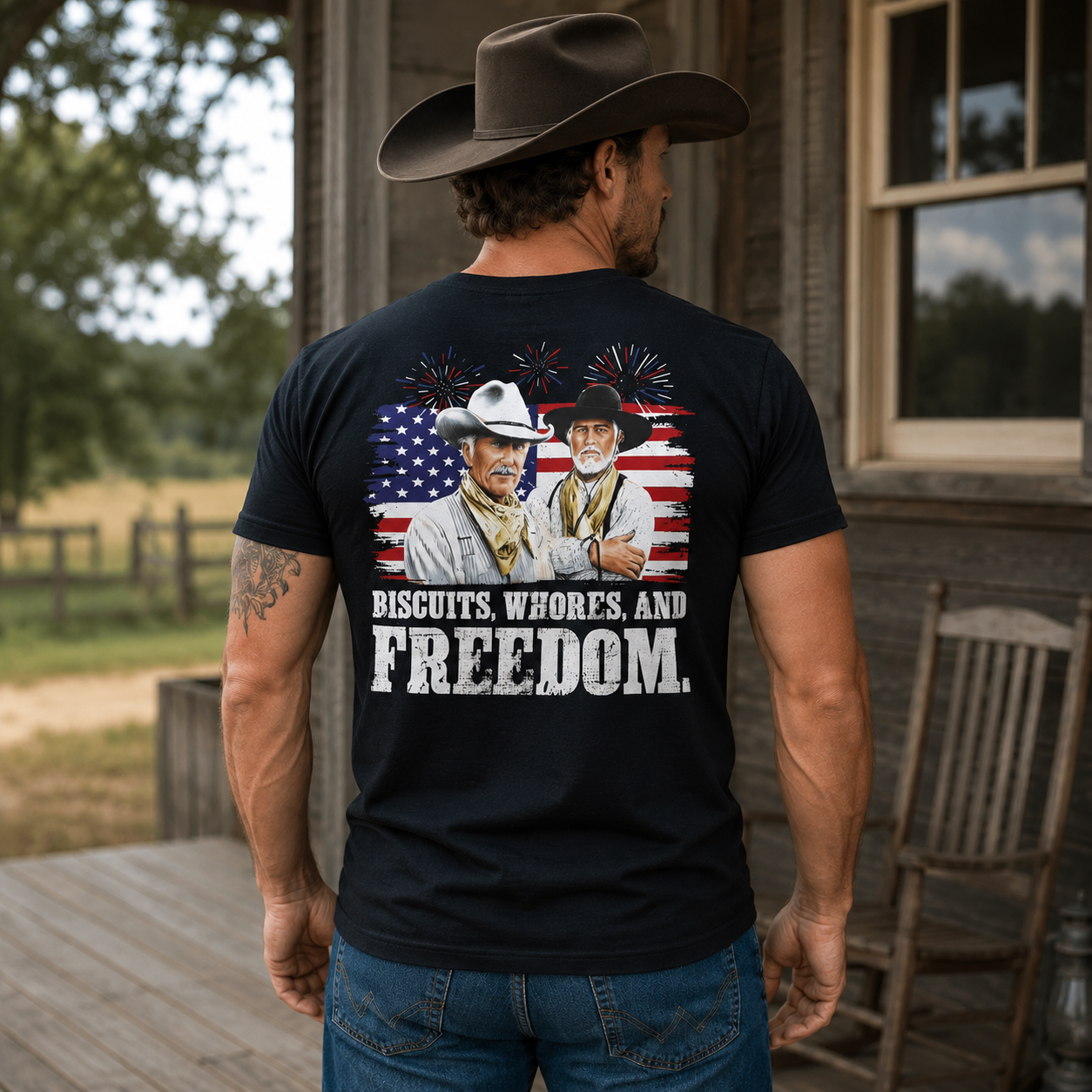 Biscuits, Whores, and Freedom American Patriotic Cowboy Graphic T-Shirt