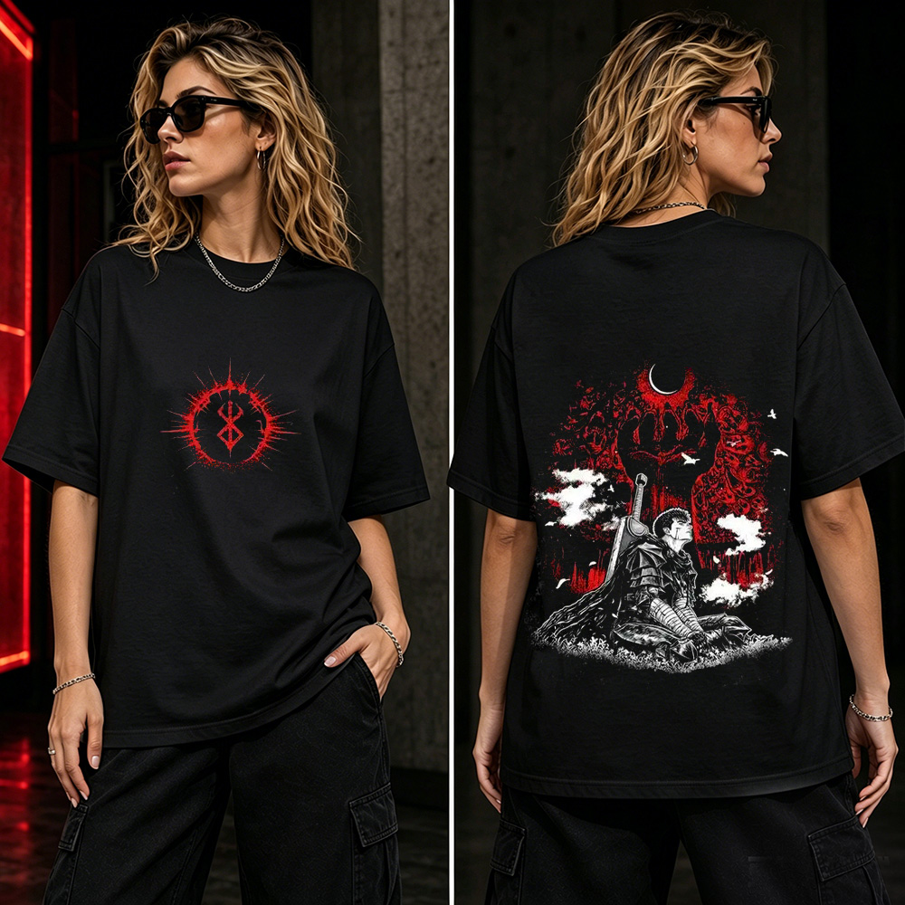 Dark Swordsman Eclipse Graphic T-Shirt – Gothic Fantasy Warrior Anime Tee