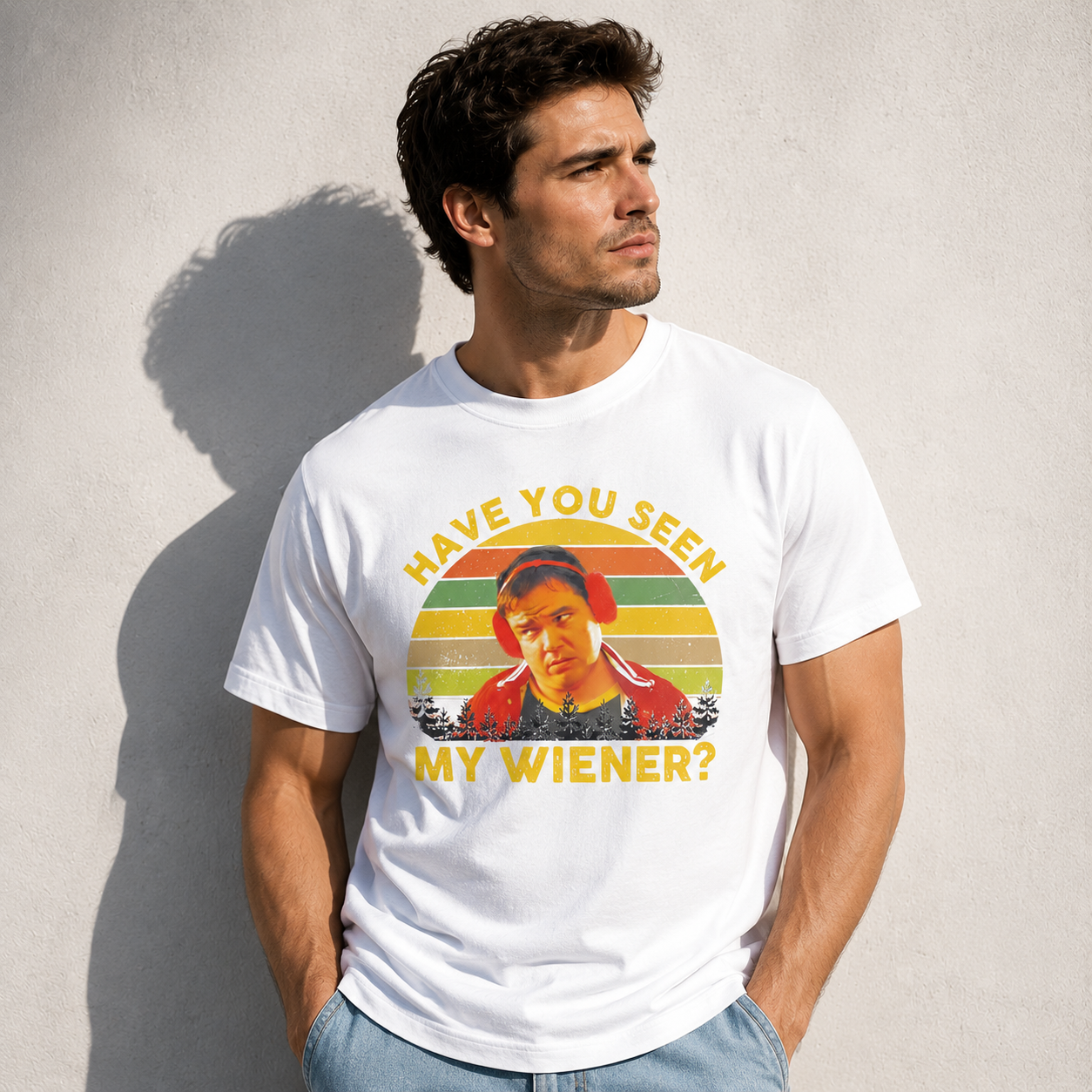Retro Sunset Meme Graphic Tee – “Have You Seen My Wiener?” Funny Vintage Style T-Shirt