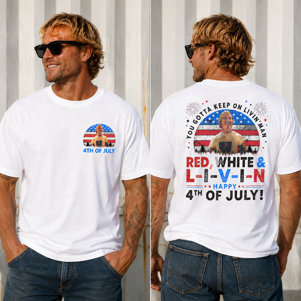 Red White & Livin’ 4th of July Patriotic Graphic Tee | Vintage USA Flag Independence Day T-Shirt