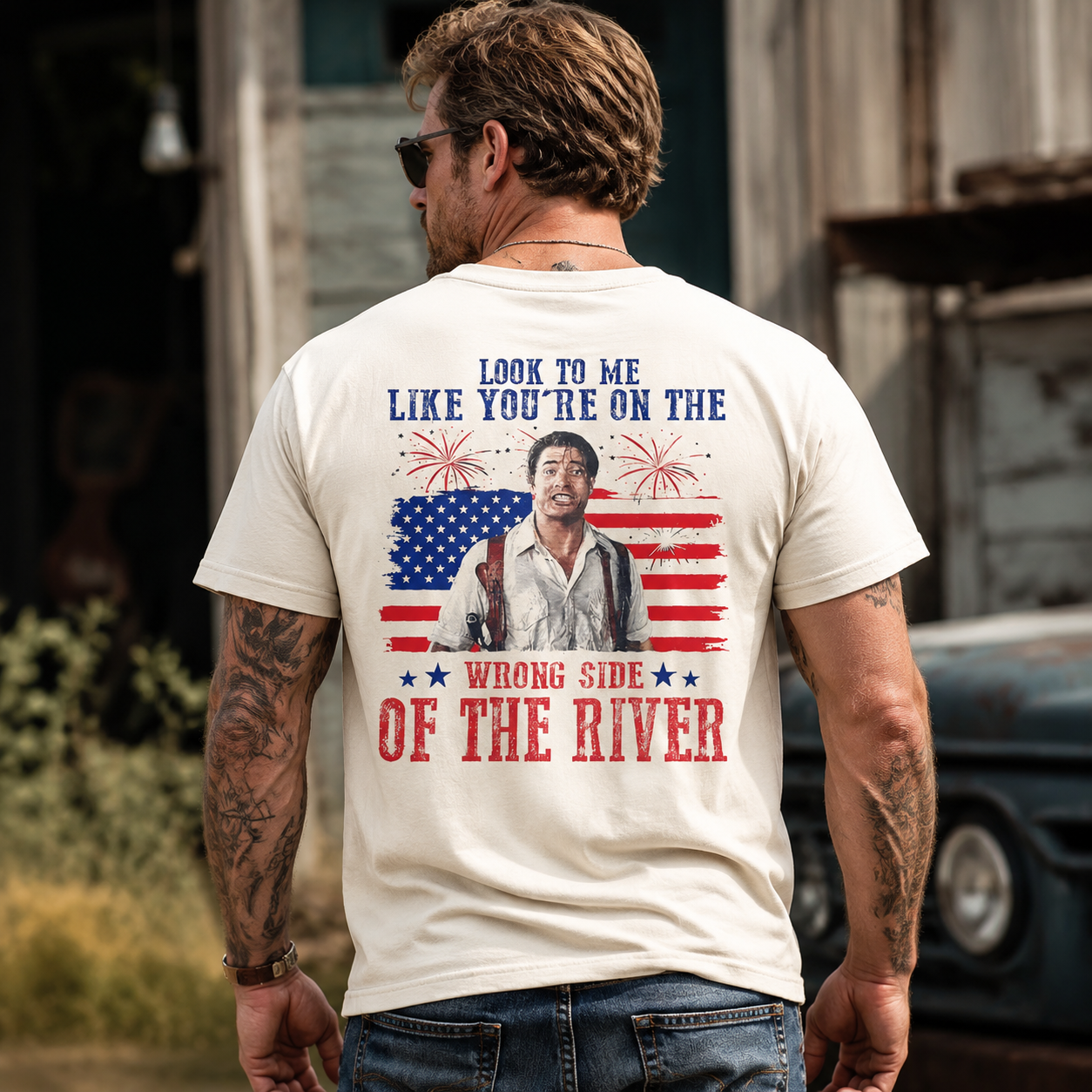 Wrong Side of the River Vintage 4th of July Patriotic Graphic Tee – American Flag Fireworks Humor T-Shirt
