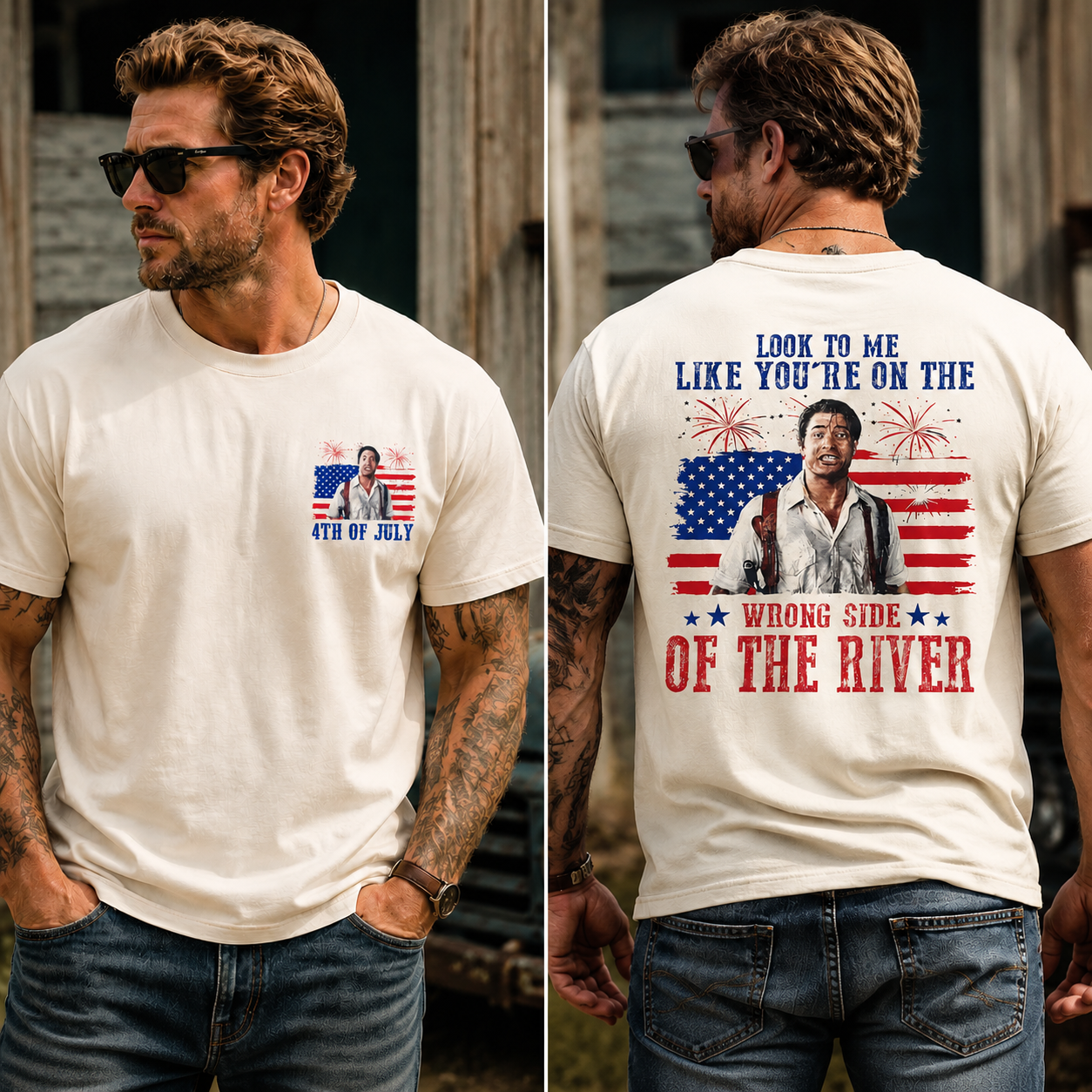 Wrong Side of the River Vintage 4th of July Patriotic Graphic Tee – American Flag Fireworks Humor T-Shirt