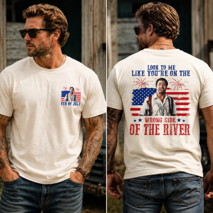 Wrong Side of the River Vintage 4th of July Patriotic Graphic Tee – American Flag Fireworks Humor T-Shirt