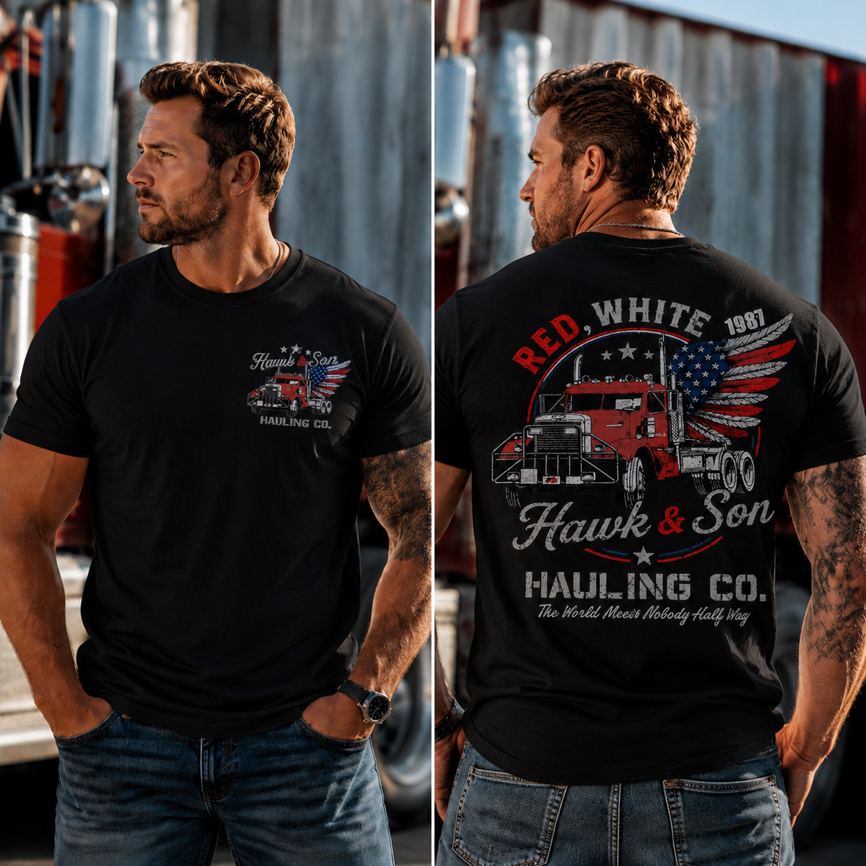 Red, White & 1987 Vintage Trucking Graphic Tee – Hawk & Son Hauling Co. Patriotic T-Shirt
