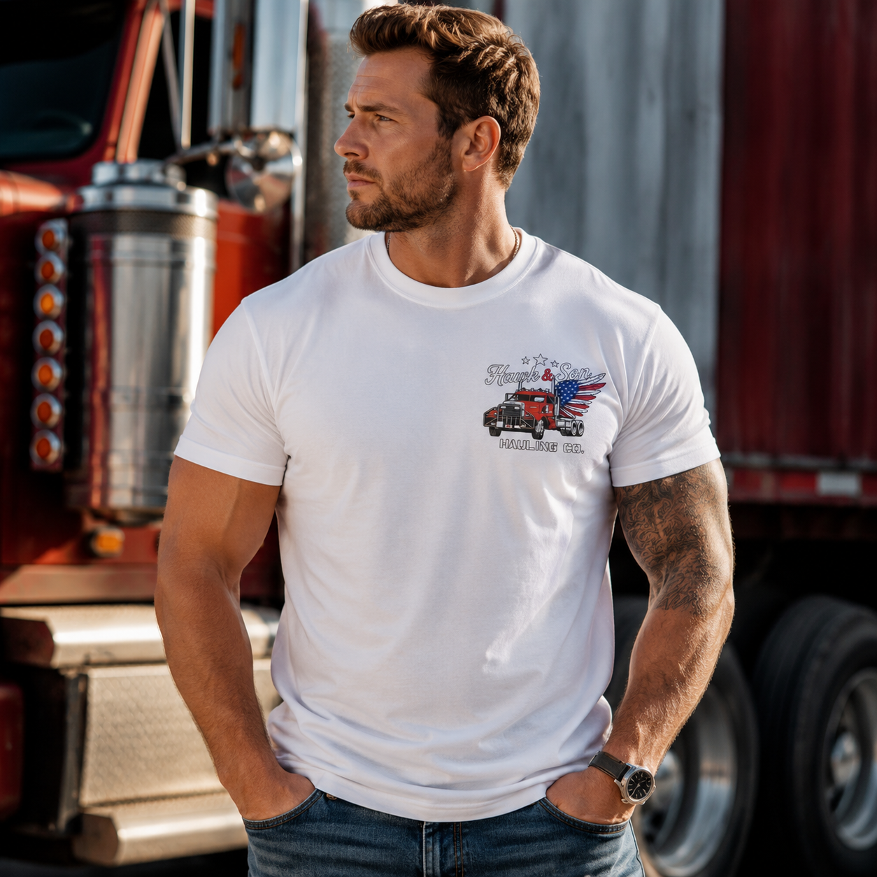 Red, White & 1987 Vintage Trucking Graphic Tee – Hawk & Son Hauling Co. Patriotic T-Shirt