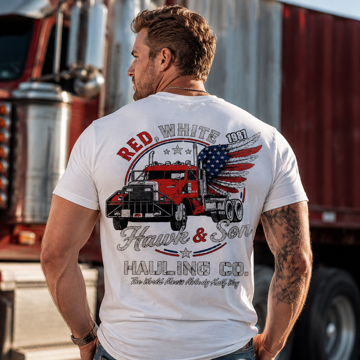 Red, White & 1987 Vintage Trucking Graphic Tee – Hawk & Son Hauling Co. Patriotic T-Shirt
