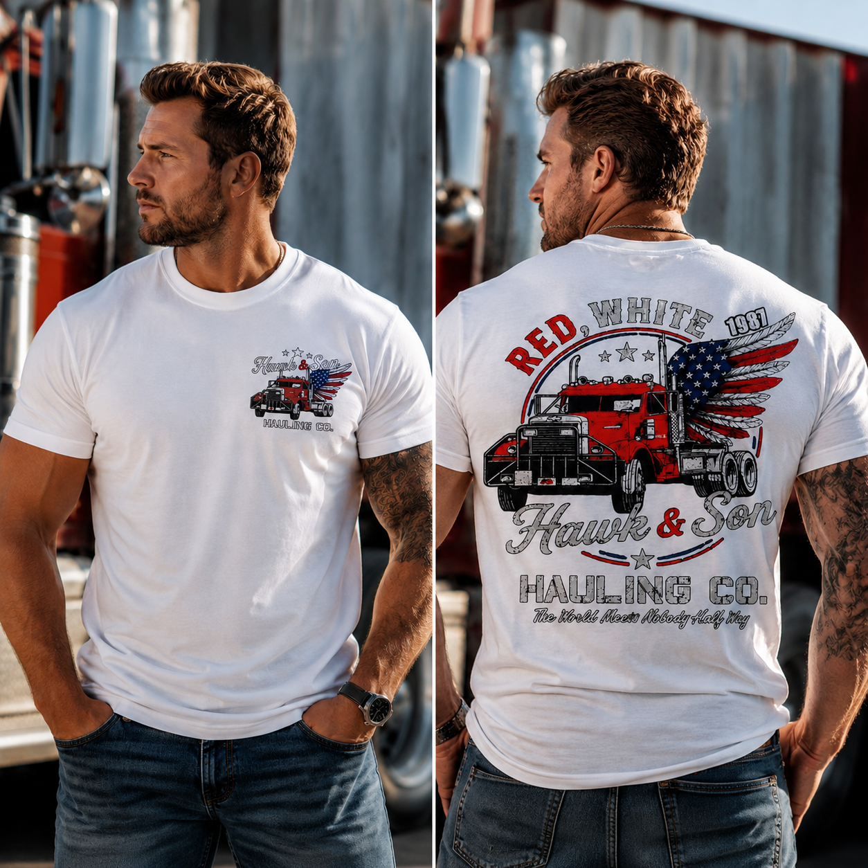 Red, White & 1987 Vintage Trucking Graphic Tee – Hawk & Son Hauling Co. Patriotic T-Shirt