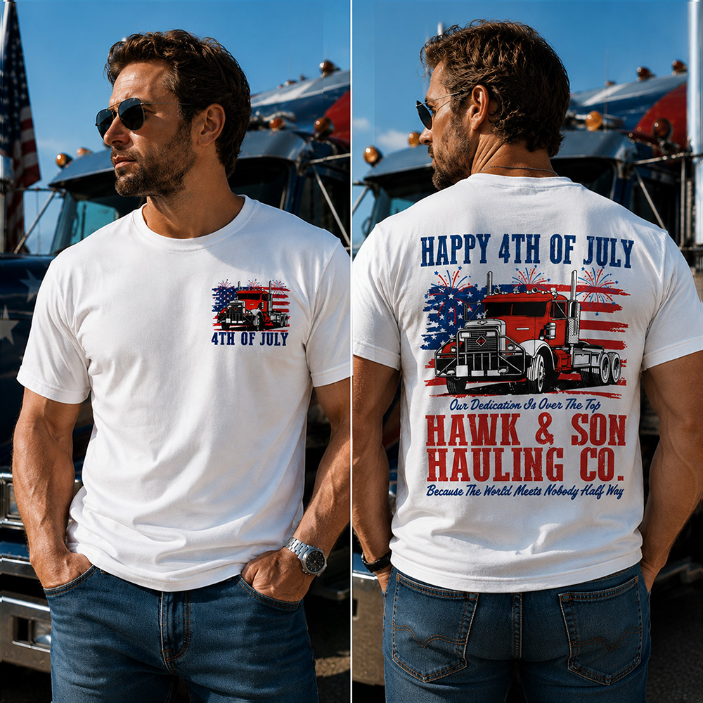 Hawk & Son Hauling Co Men’s Patriotic 4th of July Truck Graphic T-Shirt