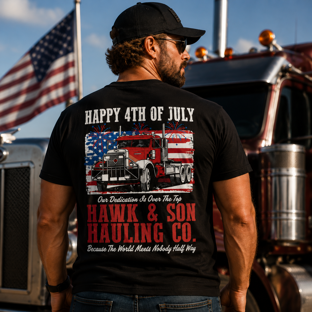 Hawk & Son Hauling Co Men’s Patriotic 4th of July Truck Graphic T-Shirt