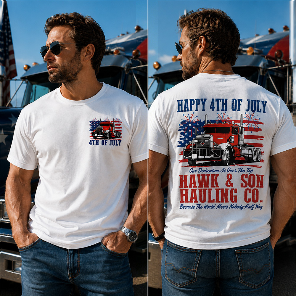 Hawk & Son Hauling Co Men’s Patriotic 4th of July Truck Graphic T-Shirt