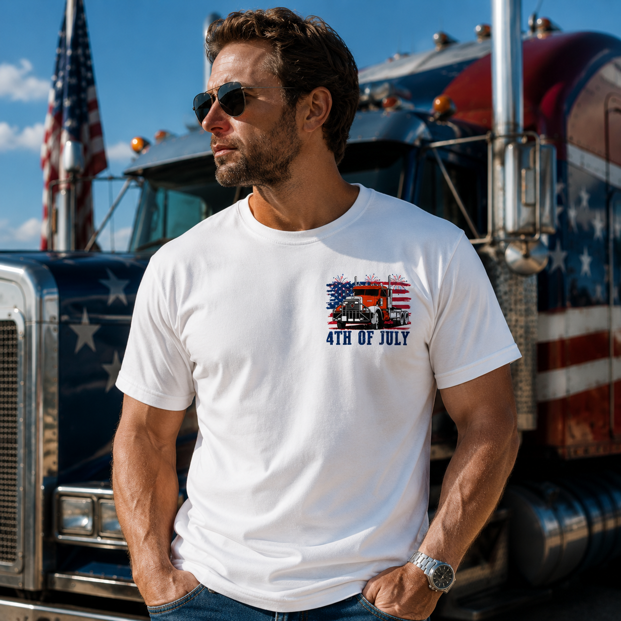 Hawk & Son Hauling Co Men’s Patriotic 4th of July Truck Graphic T-Shirt