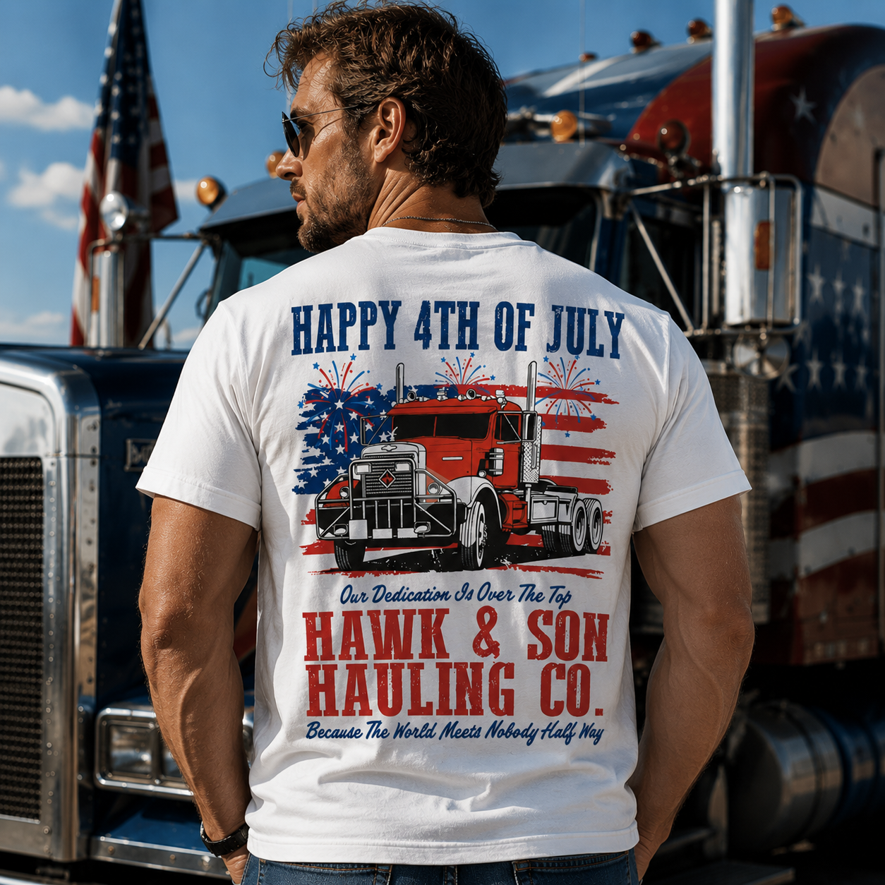 Hawk & Son Hauling Co Men’s Patriotic 4th of July Truck Graphic T-Shirt