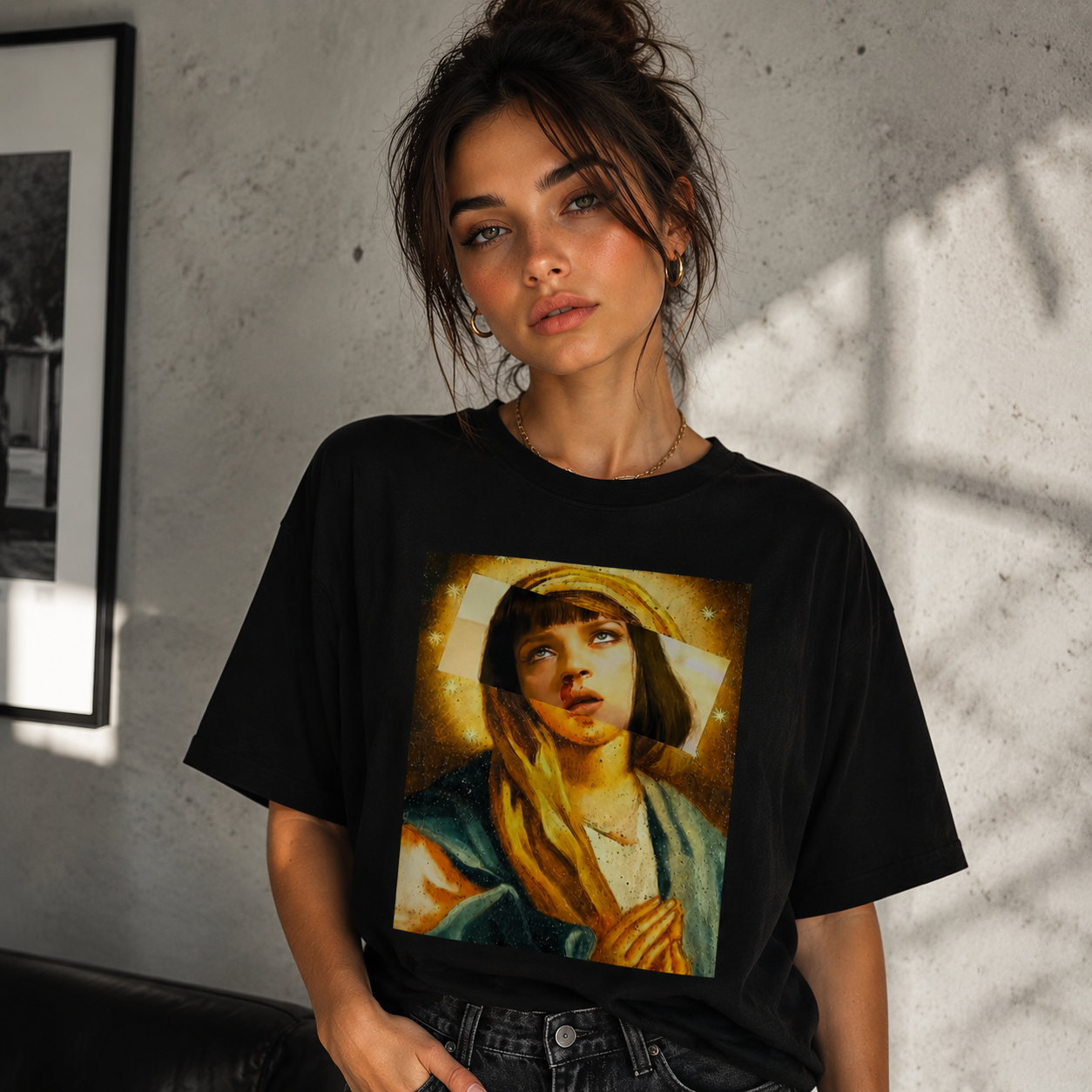 Golden Reverie Portrait Graphic Tee – Artistic Collage Vintage Style T-Shirt