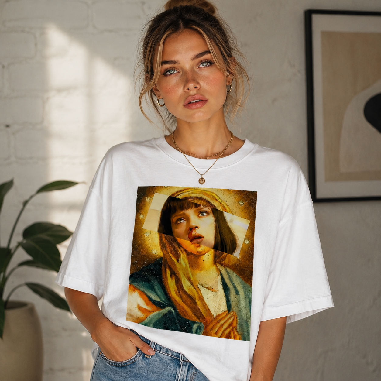 Golden Reverie Portrait Graphic Tee – Artistic Collage Vintage Style T-Shirt